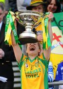 26 September 2010; Olive McCafferty, Donegal, lifts the Mary Quinn Memorial Cup TG4 All-Ireland Intermediate Ladies Football Championship Final, Donegal v Waterford, Croke Park, Dublin. Picture credit: Dáire Brennan / SPORTSFILE