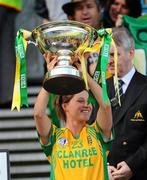 26 September 2010; Patrice Rooney, Donegal, lifts the Mary Quinn Memorial Cup TG4 All-Ireland Intermediate Ladies Football Championship Final, Donegal v Waterford, Croke Park, Dublin. Picture credit: Dáire Brennan / SPORTSFILE