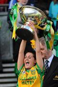 26 September 2010; Karen Feeney, Donegal, lifts the Mary Quinn Memorial Cup TG4 All-Ireland Intermediate Ladies Football Championship Final, Donegal v Waterford, Croke Park, Dublin. Picture credit: Dáire Brennan / SPORTSFILE