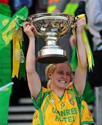 26 September 2010; Karen Guthrie, Donegal, lifts the Mary Quinn Memorial Cup TG4 All-Ireland Intermediate Ladies Football Championship Final, Donegal v Waterford, Croke Park, Dublin. Picture credit: Dáire Brennan / SPORTSFILE
