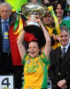 26 September 2010; Orlagh Carr, Donegal, lifts the Mary Quinn Memorial Cup TG4 All-Ireland Intermediate Ladies Football Championship Final, Donegal v Waterford, Croke Park, Dublin. Picture credit: Dáire Brennan / SPORTSFILE