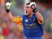 4 August 2001; Roscommon goalkeeper Derek Thompson celebrates his side's first goal during the Bank of Ireland All-Ireland Senior Football Championship Quarter-Final match between Galway and Roscommon at MacHale Park in Castlebar, Mayo. Photo by Aoife Rice/Sportsfile