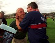 5 August 2001; Meath manager Seán Boylan and Westmeath manager Luke Dempsey embrace after the Bank of Ireland All-Ireland Senior Football Championship Quarter-Final match between Meath and Westmeath at Croke Park in Dublin. Photo by Aoife Rice/Sportsfile