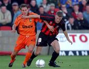 9 August 2001; Keith O'Connor of Longford Town in action against Stefan Youroukov of Liteks Lovech during the UEFA Cup Qualifier First Leg match between Longford Town and Liteks Lovetch at Flancare Park in Longford. Photo by David Maher/Sportsfile