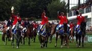 10 August 2001; The winning Belgium team, from left, are Parco, with Ludo Philippaerts up, Verelst Goliath, with Marc Van Dijck up, O De Pomme, with Stanny van Paesschen up, and Ak Caridor Z, with Jos Lansink up, after winning the Kerrygold Nations Cup at the Kerrygold Horse Show at the RDS in Dublin. Photo by Damien Eagers/Sportsfile