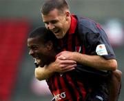 10 August 2001; Avery John of Bohemians celebrates with team-mate Stephen Caffrey after scoring his side's first goal during the eircom League Premier Division match between Bohemians and Derry City at Dalymount Park in Dublin. Photo by David Maher/Sportsfile