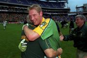 11 August 2001; Graham Geraghty of Meath celebrates with  his manager Seán Boylan during the Bank of Ireland All-Ireland Senior Football Championship Quarter-Final Replay match between Meath and Westmeath at Croke Park in Dublin. Photo by Matt Browne/Sportsfile