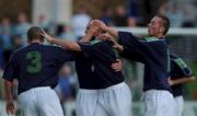 12 August 2001; Tony Grant of Shamrock Rovers, centre, is congratulated by team-mates Thomas Dunne, 3, and Billy Woods, right, after scoring a goal during the eircom League Premier Division match between Bray Wanderers and Shamrock Rovers at the Carlisle Ground in Bray, Wicklow. Photo by Matt Browne/Sportsfile
