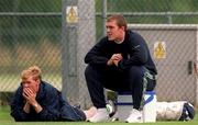 13 August 2001; Richard Dunne, right, and Steve Staunton sit out a Republic of Ireland training session at the AUL Grounds in Clonshaugh, Dublin. Photo by Damien Eagers/Sportsfile
