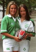 15 August 2001; Models Susan Mitton, left, and Sharon Delaney at the launch of the new Ireland rugby jersey, made by Canterbury of New Zealand, in Dublin. Photo by Brendan Moran/Sportsfile