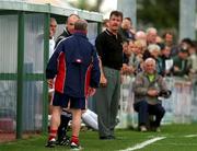 12 August 2001; Shamrock Rovers manager Damien Richardson, right, with Bray Wanderers manager Pat Devlin during the eircom League Premier Division match between Bray Wanderers and Shamrock Rovers at the Carlisle Ground in Bray, Wicklow. Photo by Matt Browne/Sportsfile