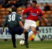17 August 2001; Brian Byrne of Shelbourne in action against Paul Marney of St Patrick's Athletic during the eircom League Premier Division match between Shelbourne and St Patrick's Athletic at Tolka Park in Dublin. Photo by David Maher/Sportsfile