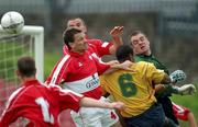 19 August 2001; Cork City players, from left, Ollie Cahill, Declan Daly, Derek Coughlan and goalkeeper Michael Devine in action against Avery John of Bohemians during the eircom League Premier Division match between Cork City and Bohemians at Turner's Cross in Cork. Photo by David Maher/Sportsfile
