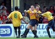 19 August 2001; Glen Crowne of Bohemians, centre, celebrates with team-mates Avery John, Trevor Molloy and Mark Rutherford, after scoring his side's winning goal during the eircom League Premier Division match between Cork City and Bohemians at Turner's Cross in Cork. Photo by David Maher/Sportsfile