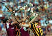 19 August 2001; Henry Shefflin of Kilkenny in action against Michael Healy, left, and Gregory Kennedy, centre, of Galway during the Guinness All-Ireland Senior Hurling Championship Semi-Final match between Kilkenny and Galway at Croke Park in Dublin. Photo by Pat Murphy/Sportsfile