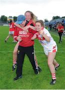 1 August 2016; Cork manager John Cleary celebrates his team's victory with players Abbie Scannell and Caoimhe Moore, right, following the All Ireland Ladies Football Minor ‘A’ Championship Final match between Cork and Dublin at Glennon Brothers Pearse Park in Longford. Photo by Seb Daly/Sportsfile