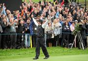 3 October 2010; Rory Mcllroy, Team Europe, playing with Graeme McDowell, celebrates his birdie putt on the 17th green to seal a 3&1 victory over Zach Johnson and Hunter Mahan, Team USA, during the third session foursomes matches. The 2010 Ryder Cup, The Celtic Manor Resort, City of Newport, Wales. Picture credit: Matt Browne / SPORTSFILE