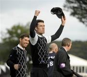 3 October 2010; Ross Fisher, Team Europe, celebrates on the 17th green with playing partner Padraig Harrington following their victory over Jim Furyk and Dustin Johnson, Team USA, in the third session fourball match. The 2010 Ryder Cup, The Celtic Manor Resort, City of Newport, Wales. Picture credit: Matt Browne / SPORTSFILE