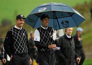 3 October 2010; Padraig Harrington and Ross Fisher, Team Europe, on their way to the 16th green during their third session fourball match against Jim Furyk and Dustin Johnson, Team USA. The 2010 Ryder Cup, The Celtic Manor Resort, City of Newport, Wales. Picture credit: Matt Browne / SPORTSFILE