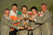 4 October 2010; Team Europe vice captain Paul McGinley, Padraig Harrington, Graeme McDowell, Rory Mcllroy and vice captain Darren Clarke with the Ryder Cup. The 2010 Ryder Cup, The Celtic Manor Resort, City of Newport, Wales. Picture credit: Matt Browne / SPORTSFILE