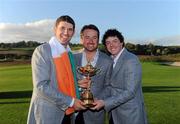 4 October 2010; Padraig Harrington, Graeme McDowell and Rory Mcllroy, Team Europe, with the Ryder Cup. The 2010 Ryder Cup, The Celtic Manor Resort, City of Newport, Wales. Picture credit: Matt Browne / SPORTSFILE