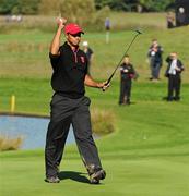 4 October 2010; Tiger Woods, Team USA, celebrates his birdie putt on the 12th green during his singles match against Francesco Molinari, Team Europe. The 2010 Ryder Cup, The Celtic Manor Resort, City of Newport, Wales. Picture credit: Matt Browne / SPORTSFILE