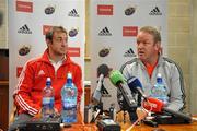 5 October 2010; Munster squad advisor Mick Galwey, right, and Johne Murphy during a press conference ahead of their Heineken Cup, Pool 3, Round 1, match against London Irish on Saturday. Munster rugby squad training, University of Limerick, Limerick. Picture credit: Diarmuid Greene / SPORTSFILE