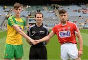 30 July 2016; Referee Jerome Henry, centre, along with Donegal Captain Jason McGee, left, and Cork Captain Nathan Walsh before the Electric Ireland GAA Football All-Ireland Minor Championship Quarter-Final match between Donegal and Cork at Croke Park in Dublin. Photo by Oliver McVeigh/Sportsfile