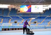 3 August 2016; A worker prepares the Olympic Stadium prior to the Women's Football first round Group E match between Sweden and South Africa on Day -2 of the Rio 2016 Olympic Games at the Olympic Stadium in Rio de Janeiro, Brazil. Photo by Stephen McCarthy/Sportsfile