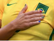 3 August 2016; A detailed view of the nails belonging to Tamires of Brazil during the national anthem at the Women's Football first round Group E match between Brazil and China on Day -2 of the Rio 2016 Olympic Games at the Olympic Stadium in Rio de Janeiro, Brazil. Photo by Stephen McCarthy/Sportsfile