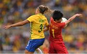 3 August 2016; Shanshan Wang of China in action against Monica of Brazil during the Women's Football first round Group E match between Brazil and China on Day -2 of the Rio 2016 Olympic Games at the Olympic Stadium in Rio de Janeiro, Brazil. Photo by Stephen McCarthy/Sportsfile