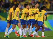 3 August 2016; Brazil players celebrate after Cristiane, third from left, scored their 3rd goal during the Women's Football first round Group E match between Brazil and China on Day -2 of the Rio 2016 Olympic Games  at the Olympic Stadium in Rio de Janeiro, Brazil. Photo by Stephen McCarthy/Sportsfile
