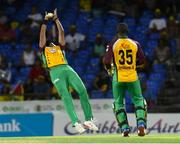 3 August 2016; Steven Jacobs (L) of Guyana Amazon Warriors takes the dismiss Timroy Allen of Jamaica Tallawahs during the Hero Caribbean Premier League match between Guyana Amazon Warriors and Jamaica Tallawahs - Hero Caribbean Premier League (CPL) – Play-off - Match 31 at Warner Park in Basseterre, St Kitts. Photo by Randy Brooks/Sportsfile