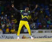 3 August 2016; Kesrick Williams of Jamaica Tallawahs celebrates taking the catch to dismiss Nic Maddinson of Guyana Amazon Warriors during the Hero Caribbean Premier League match between Guyana Amazon Warriors and Jamaica Tallawahs - Hero Caribbean Premier League (CPL) – Play-off - Match 31 at Warner Park in Basseterre, St Kitts. Photo by Randy Brooks/Sportsfile