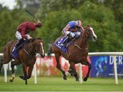 4 August 2016; Eventual winner Lancaster Bomber, right, with Donnacha O'Brien up, race alongside True Valor, with Colin Keane up, on their way to winning the Irish Stallion Farms European Breeders Fund Maiden during the Bulmers Evening Meeting at Leopardstown in Dublin.  Photo by Cody Glenn/Sportsfile