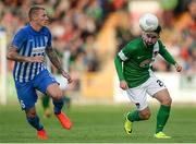 4 August 2016; Sean Maguire of Cork City in action against Sebastien Dewaest of KRC Genk during the Europa League Third Qualifying Round 1st Leg match between Cork City and KRC Genk at Turners Cross, Cork. Photo by Eóin Noonan/Sportsfile
