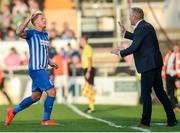4 August 2016; Sebastien Dewaest of KRC Genk celebrates with manager Peter Maes after scoring his side's second goal during the Europa League Third Qualifying Round 1st Leg match between Cork City and KRC Genk at Turners Cross, Cork. Photo by Eóin Noonan/Sportsfile