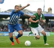 4 August 2016; Stephen Dooley of Cork City in action against Sebastien Dewaest of KRC Genk during the Europa League Third Qualifying Round 1st Leg match between Cork City and KRC Genk at Turners Cross, Cork. Photo by Eóin Noonan/Sportsfile