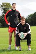 5 October 2010; Ulster's Ruan Pienaar and Johann Muller after a press conference ahead of their Heineken Cup, Pool 4, Round 1, match against Aironi Rugby on Friday. Ulster rugby squad training, Newforge Country Club, Belfast, Co. Antrim. Picture credit: Oliver McVeigh  / SPORTSFILE