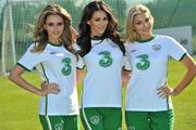6 October 2010; Models, from left to right, Nadia Forde, Georgia Salpa and Sara Kavanagh at the unveiling of the new Umbro away jersey for the Irish National football team sponsored by 3. The jersey is available from the FAIshop.ie and all other major sports retailers from today. For more details see www.3football.ie. Gannon Park, Malahide, Co. Dublin. Picture credit: David Maher / SPORTSFILE