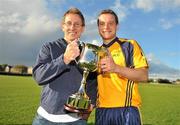6 October 2010; DCU captain Luke Bree and Professor Niall Moyna, Dublin City University, celebrate with the cup.  Ulster Bank Higher Education Centenary 7s Final, DCU v St. Pat's, Dublin City University, Glasnevin, Dublin. Picture credit: Brian Lawless / SPORTSFILE