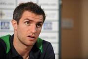 7 October 2010; Northern Ireland captain Aaron Hughes speaking during a press conference ahead of their EURO 2012 Championship Group C Qualifier against Italy on Friday. Northern Ireland press conference, Hilton Hotel, Templepatrick, Co. Antrim. Picture credit: Oliver McVeigh / SPORTSFILE