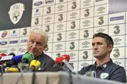 7 October 2010; Republic of Ireland manager Giovanni Trapattoni with Robbie Keane during a press conference ahead of their EURO 2012 Championship Group B Qualifier against Russia on Friday. Republic of Ireland press conference, Hilton Hotel, Clare Hall, Dublin. Picture credit: Brian Lawless / SPORTSFILE