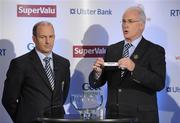 7 October 2010; Sean Walsh, right, Chairman of the Munster Council, in the company of Enda McGuane, Deputy CEO of the Munster Council, draws out the name of All-Ireland Senior Football Champions Cork during the draws for the 2011 GAA All-Ireland Senior Championship. Croke Park, Dublin. Picture credit: Brendan Moran / SPORTSFILE