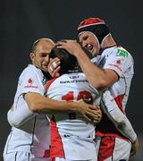 8 October 2010; Ian Humphreys, Ulster, is congratulated after scoring his side's 2nd try by team-mates Rory Best, left, and Johann Muller. Heineken Cup Pool 4, Round 1, Ulster v Aironi Rugby, Ravenhill Park, Belfast, Co. Antrim. Photo by Sportsfile