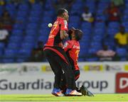 4 August 2016;  Dwayne Bravo (L) and Yannick Cariah (R) of Trinbago Knight Riders collide attempting to take a catch during the Hero Caribbean Premier League (CPL) – Play-off - Match 32 between St. Lucia Zouks and Trinbago Knight Riders at Warner Park in Basseterre, St Kitts. Photo by Randy Brooks/Sportsfile