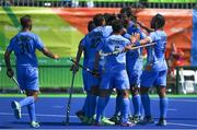 6 August 2016; India players celebrate their side's first goal against Ireland during their Pool B match at the Olympic Hockey Centre, Deodoro, during the 2016 Rio Summer Olympic Games in Rio de Janeiro, Brazil. Photo by Brendan Moran/Sportsfile