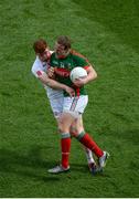 6 August 2016; Andy Moran of Mayo in action against Cathal McShane of Tyrone during the GAA Football All-Ireland Senior Championship Quarter-Final match between Mayo and Tyrone at Croke Park in Dublin. Photo by Daire Brennan/Sportsfile