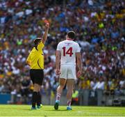 6 August 2016; Referee David Gough shows a red card, second yellow, to Seán Cavanagh of Tyrone during the GAA Football All-Ireland Senior Championship Quarter-Final match between Mayo and Tyrone at Croke Park in Dublin. Photo by Ray McManus/Sportsfile