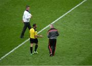 6 August 2016; Mayo manager Stephen Rochford has a word with referee David Gough at half time during the GAA Football All-Ireland Senior Championship Quarter-Final match between Mayo and Tyrone at Croke Park in Dublin. Photo by Daire Brennan/Sportsfile